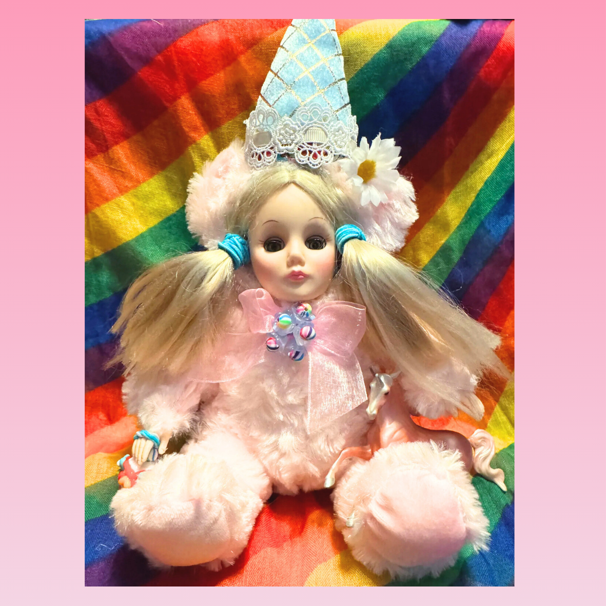 Cherry Cone Doll – Upcycled Vintage Collectible | Sundae Sisters Handmade Art Doll with Unicorn & Cone Hat