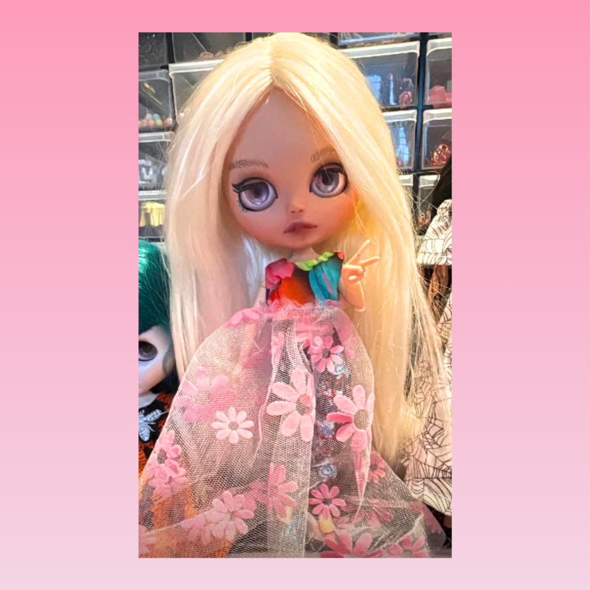 Blythe Doll Dress – Handmade Macaron Bodice with Flocked Floral Net Skirt | Colorful Doll Clothing