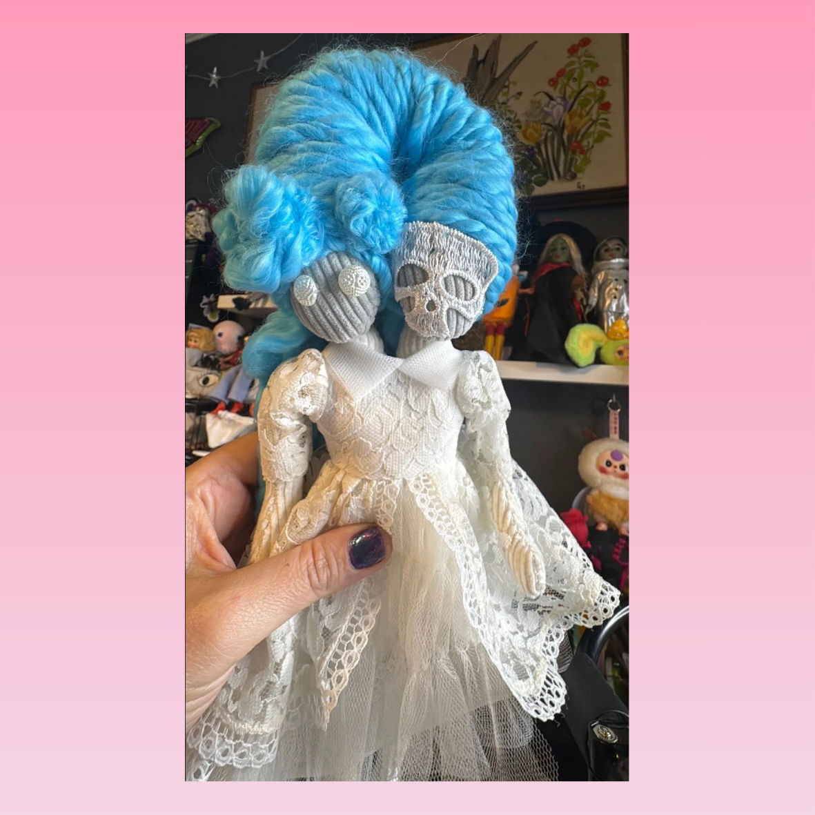 Skellie Bride - Two-Headed Gothic Art Doll – Creepy Cute Handmade Collectible with Blue Hair & Lace Dress