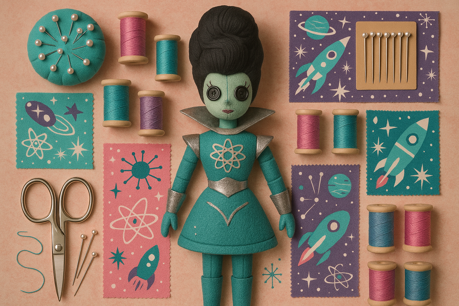I love this layout but can you make this more sci fi 1950'd style with pink, teal, purple space themed with sewing supplies and an art doll with a large beehive hairstyle and a scifi 1950's outfit and button eyes